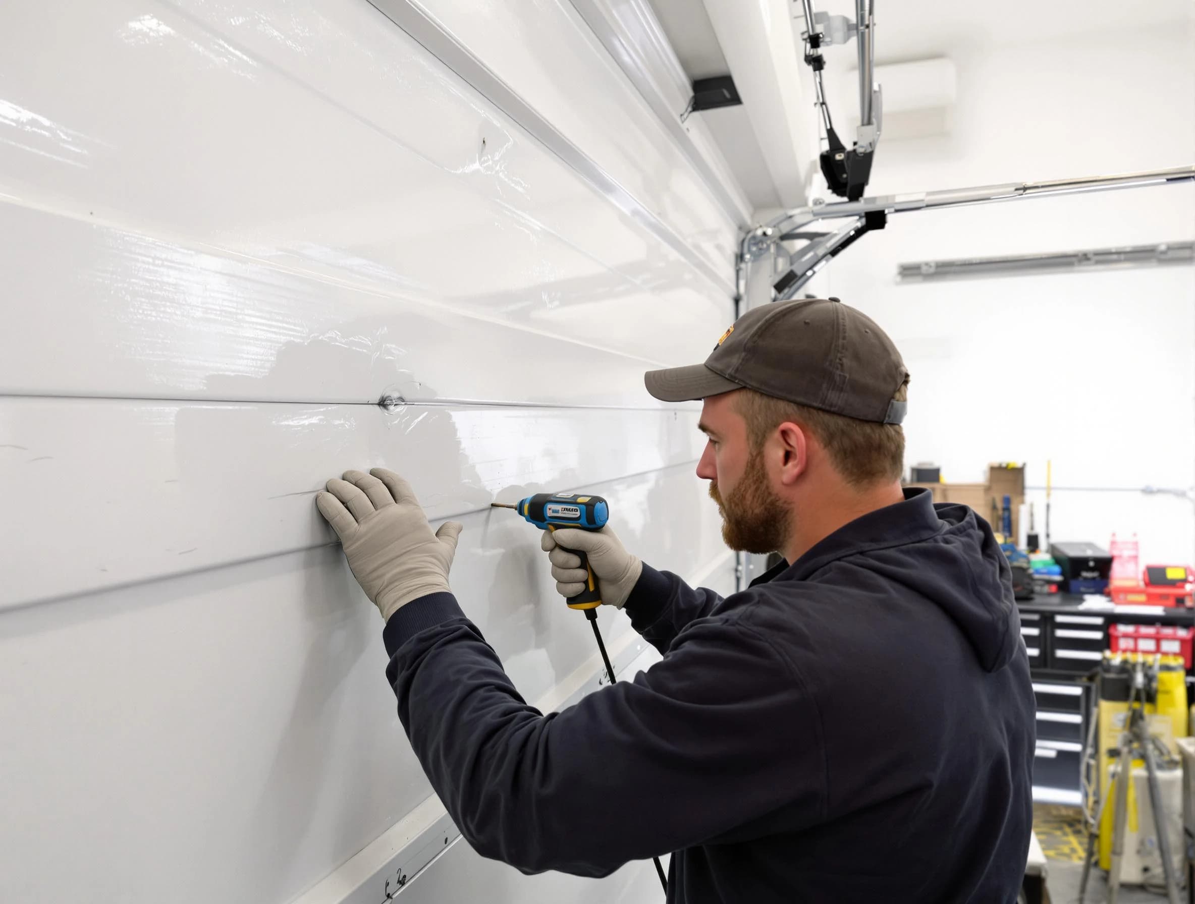 Piedmont Garage Door Repair technician demonstrating precision dent removal techniques on a Piedmont garage door
